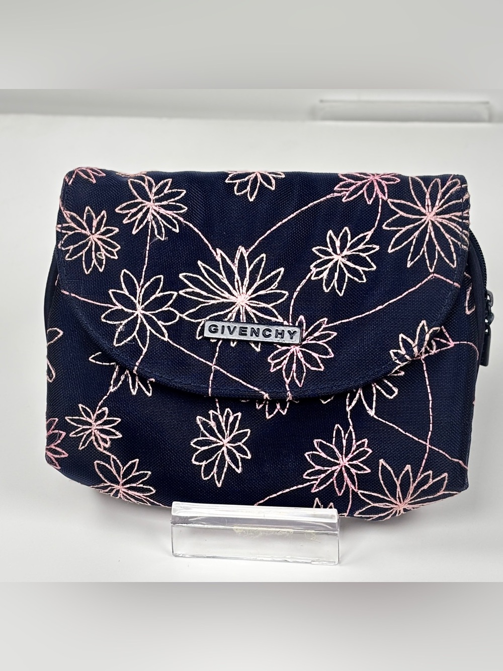 Givenchy Navy Clutch with Pink Floral Stitching. Make up. With mirror
